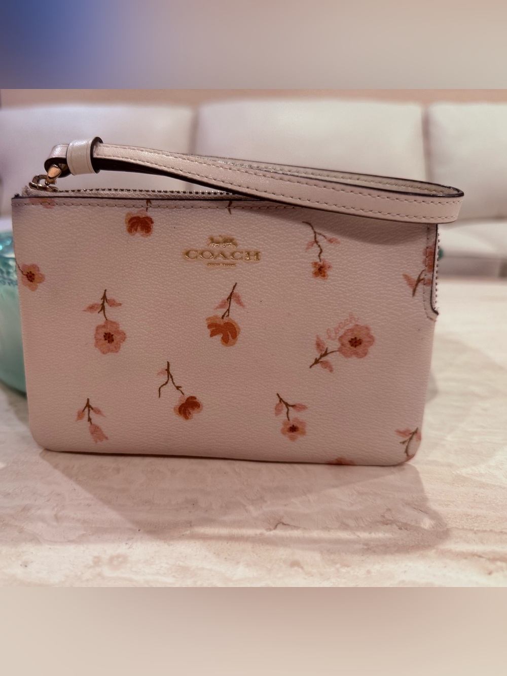COACH Pink Floral Leather Wristlet with Gold Logo